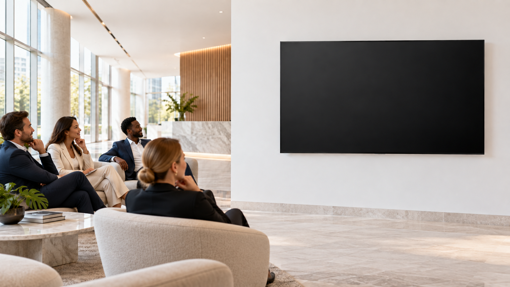 Ambiente comercial com uma TV widescreen moderna